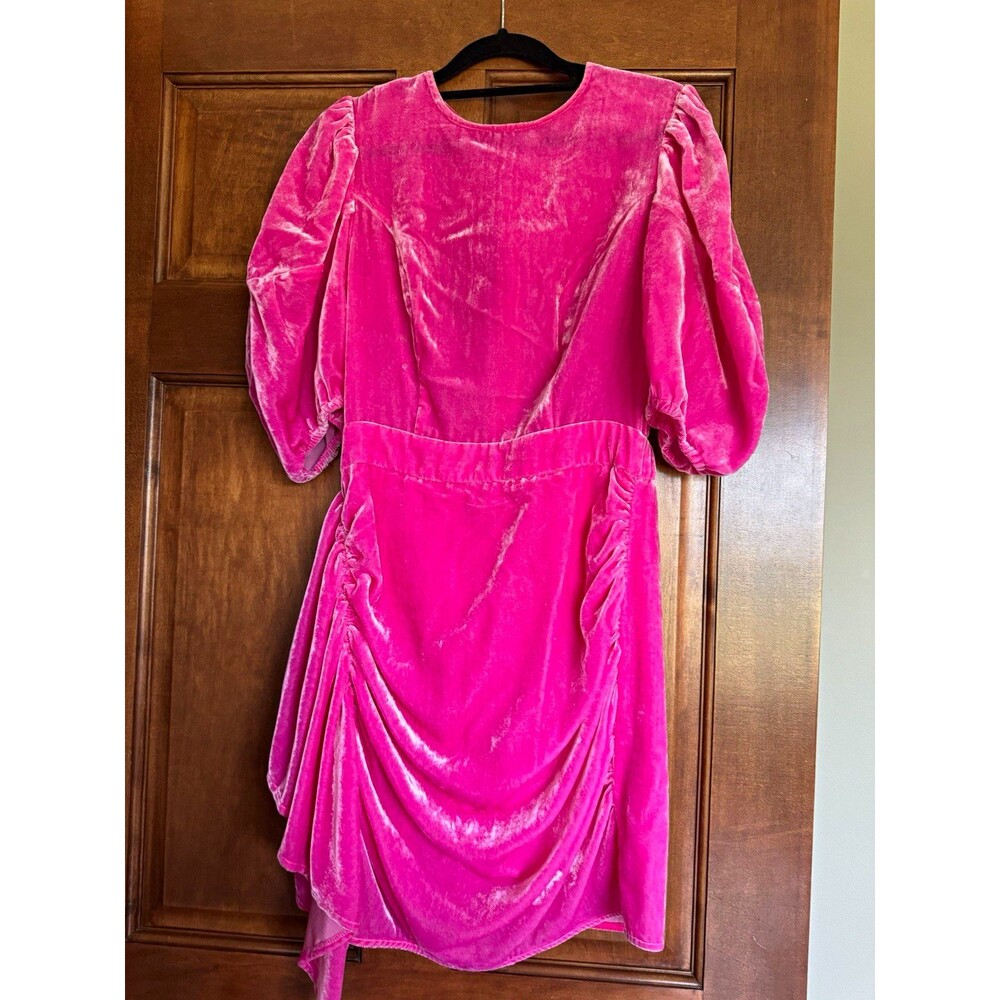 RHODE Pink Velvet Puff Sleeve Draped A-Line Mini Dress Size 2 Crew Neck